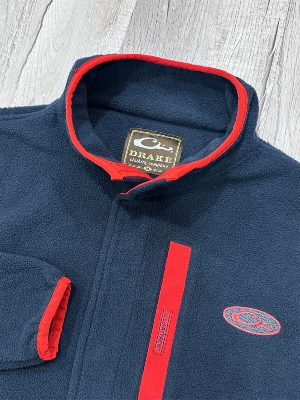 Drake Fleece Jacket Mens Meduim Navy Red Snap Button Pullover Magnattach Pocket